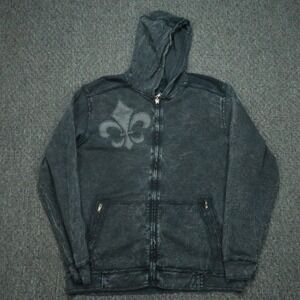 VINTAGE Affliction Hoodie Men XL Blue Full Zip Pockets Distressed Skull Y2K